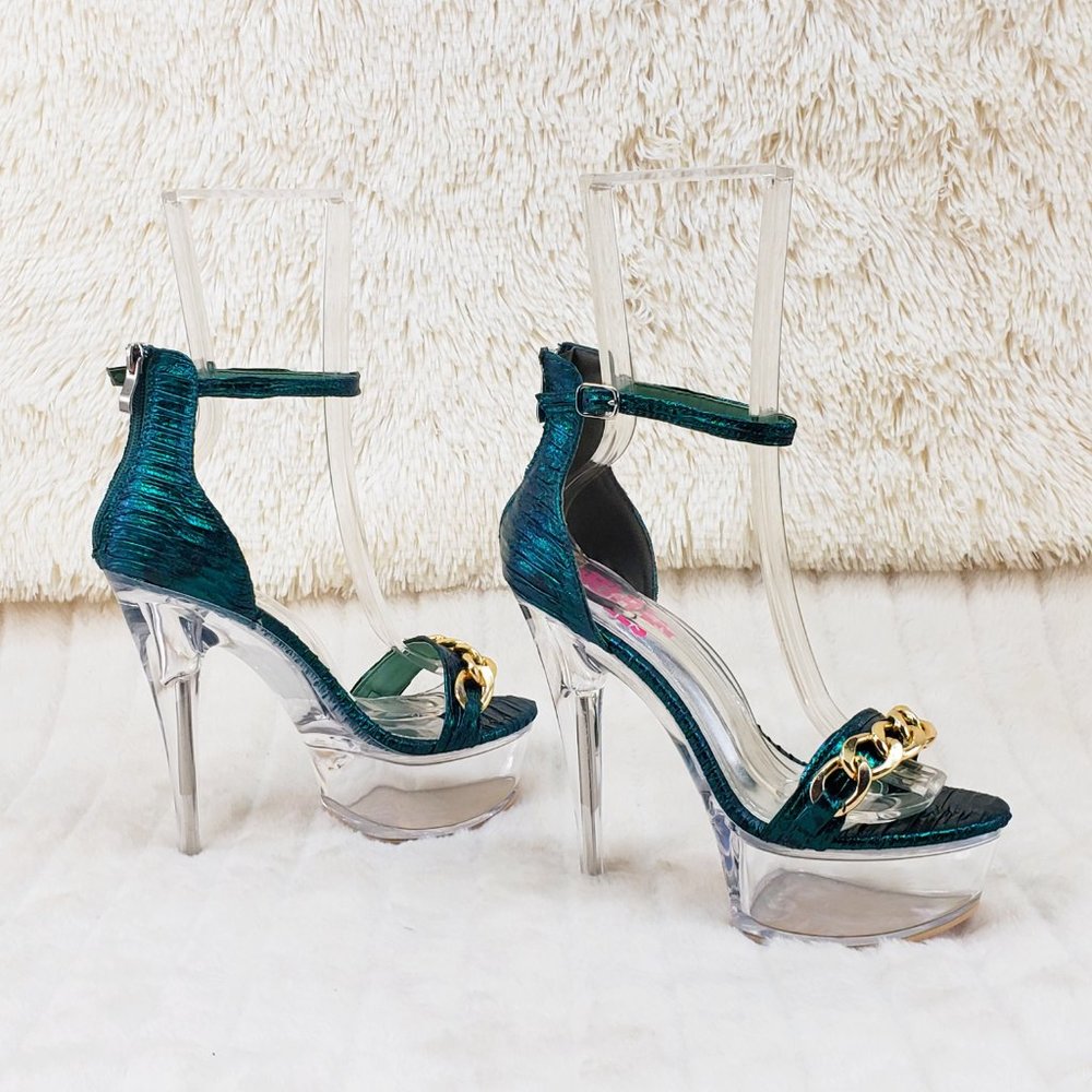 Bulls Shimmery Teal Green Clear Platform High Heels Chain Bridget